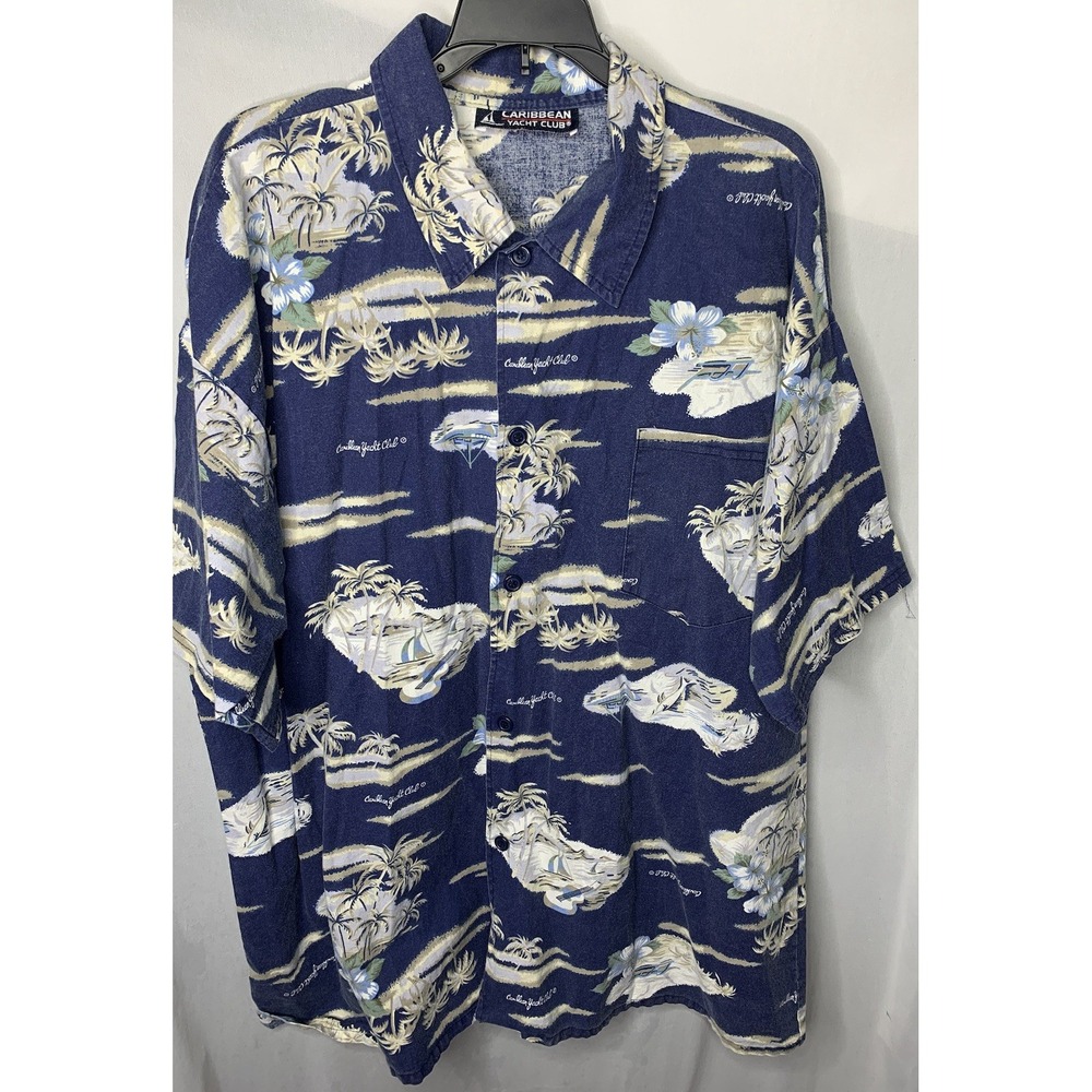 Mens 2XL Carribean Yacht Club Hawaiian Shirt Beach Floral Blue resort beach